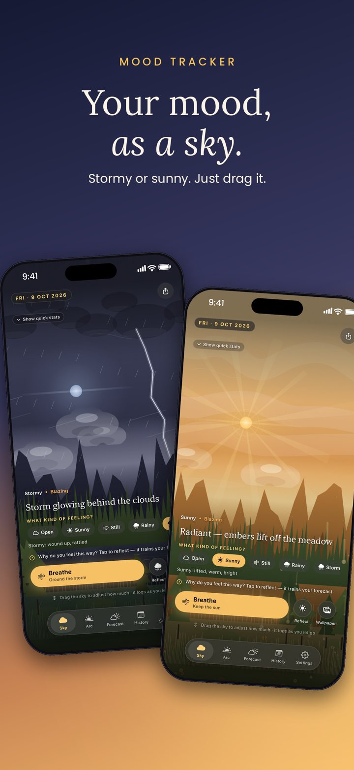 Two iPhones showing a stormy sky and a sunny sky in Inner Sky